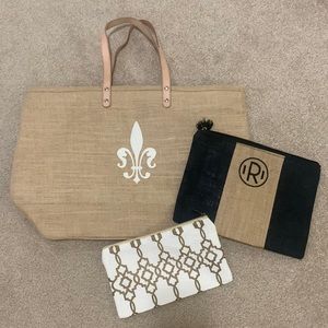Burlap tote bag with 2 accessory bags